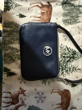 Michael Kors Navy Pebbled Leather Wristlet with Silver MK Emblem